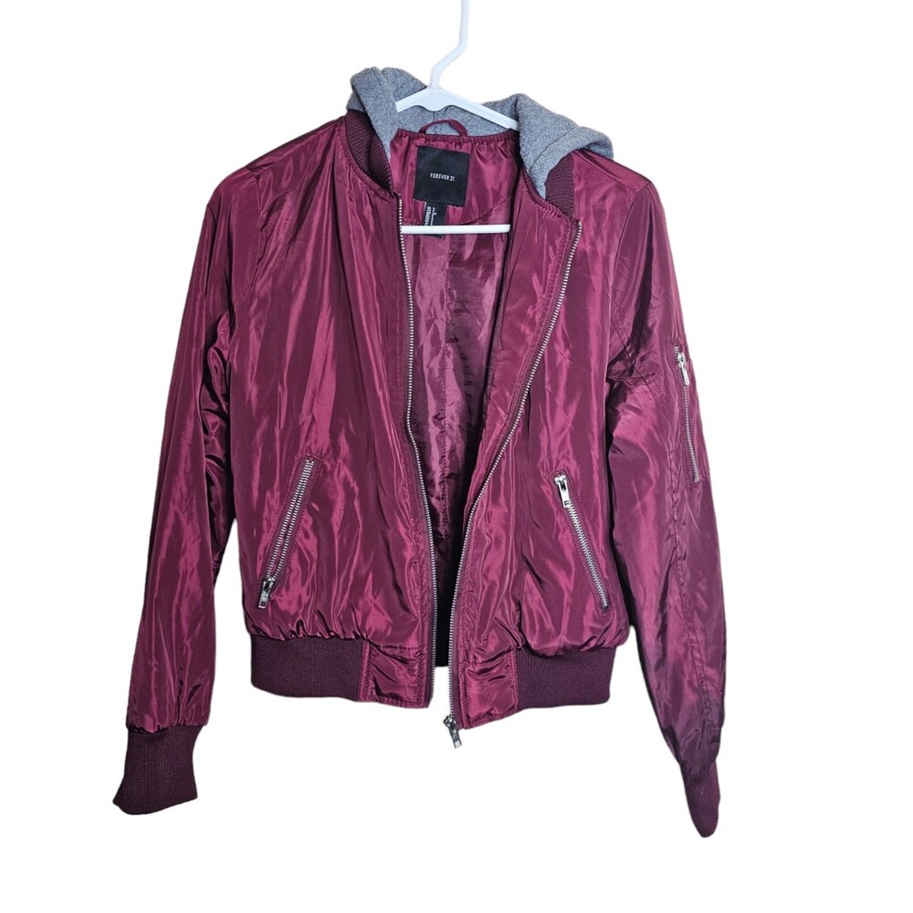 Forever 21 Burgandy Bomber Jacket Gray Hooded Full Zip Satin Gloss Women Size S
